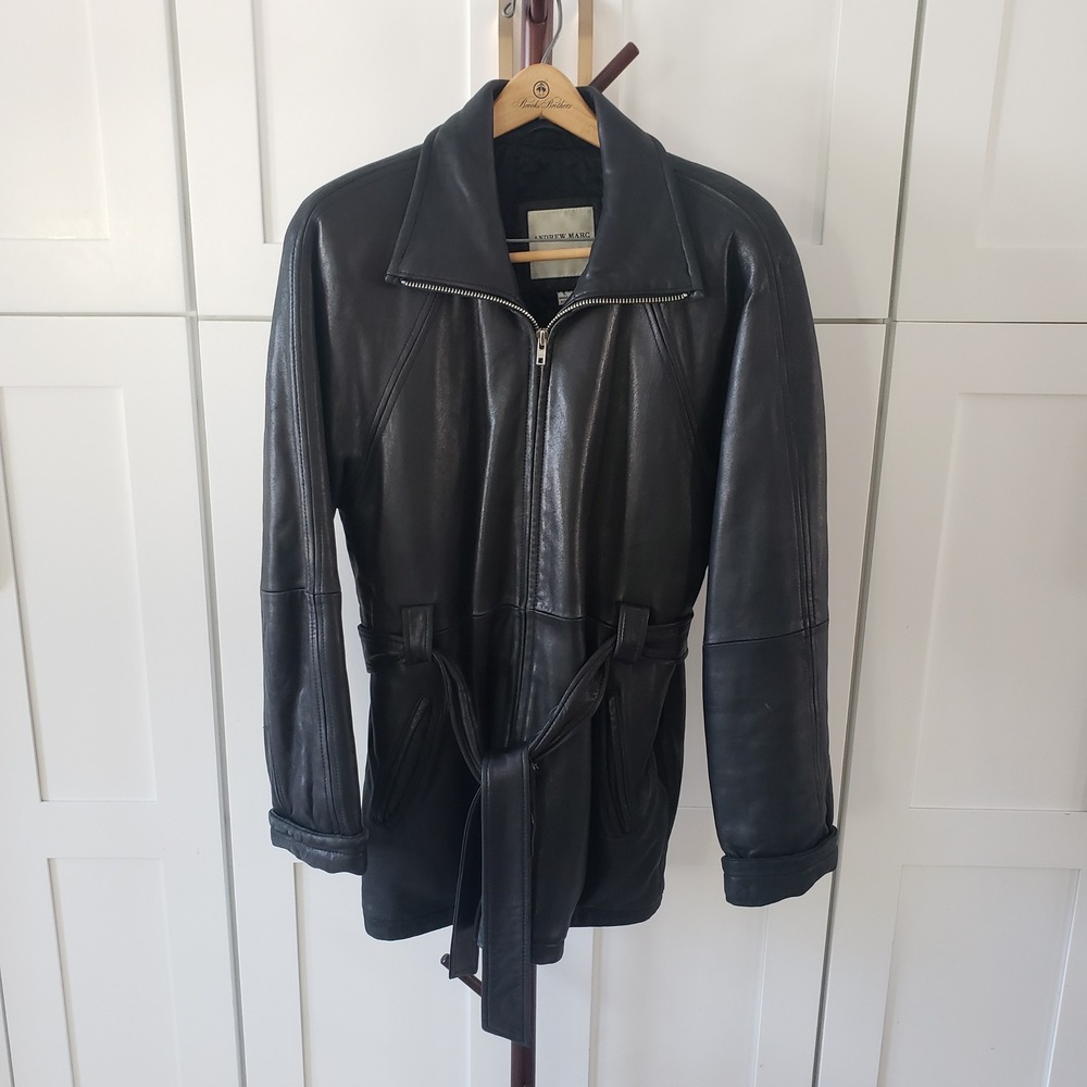 Andrew Marc Leather Coat Womens L Black Belted Thermoloft